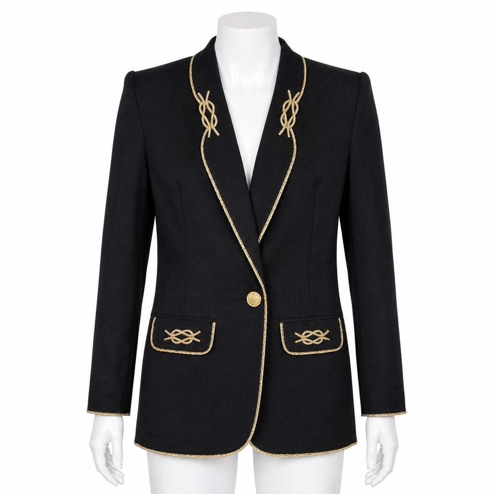Solini Blazer Women 8 Black Gold Nautical Knot Clock Button Vintage‎ Rope Trim